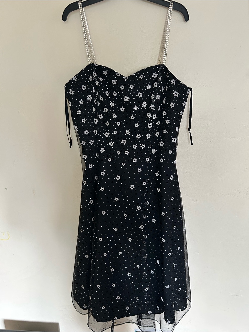 Stage accents Black Floral A-Line Dress with Rhinestone Straps